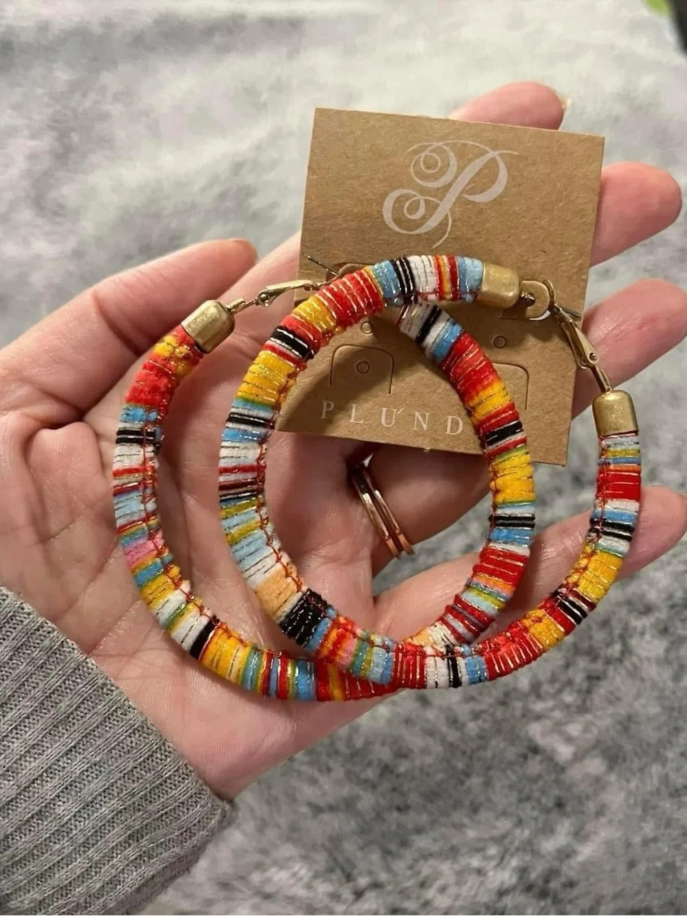 Plunder Design Colorful Threaded Lena Hoop Earrings 3” Hoops